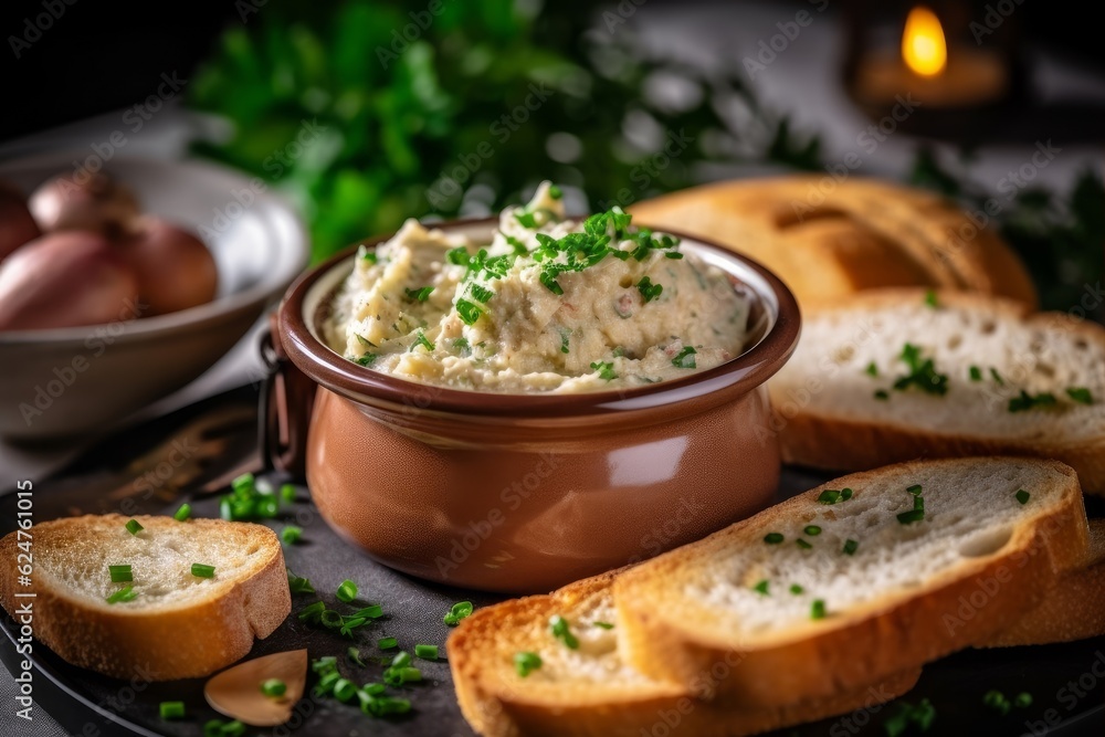 Brandade de Morue garnished with fresh parsley and served with a side of toasted baguette slices Brandade de Morue garnished with fresh parsley and served with a side of toasted baguette slices