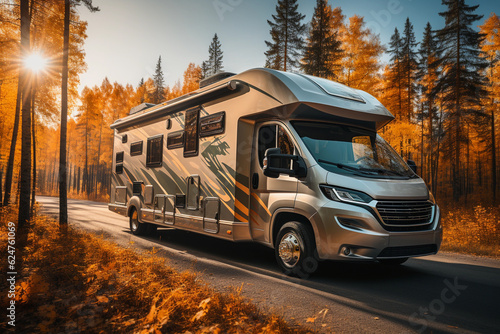 Modern motorhome on a road in the mountains. Generative AI.