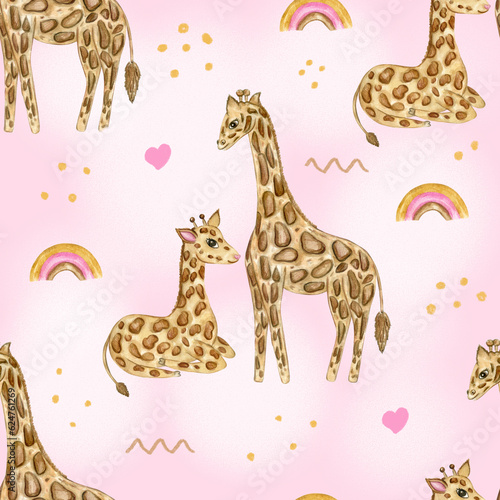 Watercolor seamlless pattern with Giraffes and rainbow. Baby pattern with safari animals in boho style