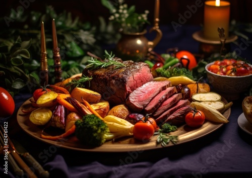 Chateaubriand surrounded by cooked vegetables and garnishes on an elegant dinner plate