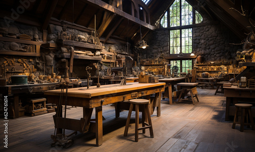 Woodworking workshop  mid-century era