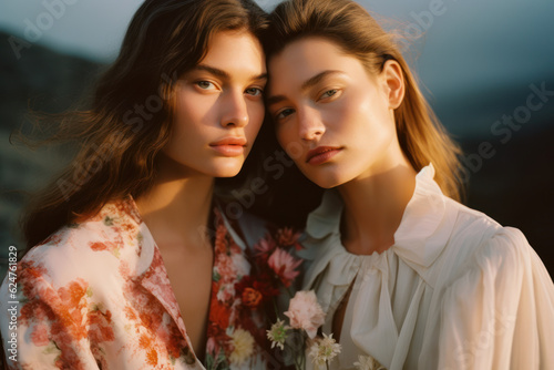 female friends/models/lgbtq + couple in magazine editorial fashion/beauty photo shoot embracing/kissing film photography look - generative ai art photo