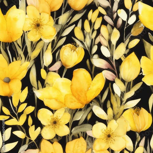 Watercolor yellow flowers textured seamless pattern 3