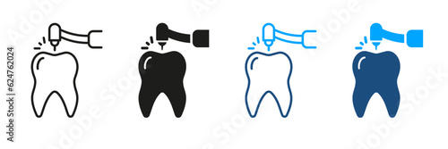 Dentist's Instrument Symbol Collection. Drilling Tooth Silhouette and Line Icons Set. Root Canal Treatment Pictogram. Dentist Drills Teeth, Endodontics Procedure. Isolated Vector Illustration