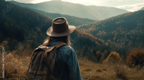 A woman with a backpack and a hat looks at the mountains, generative AI.
