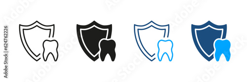 Dental Insurance Pictogram. Teeth Protection, Oral Hygiene. Medical Care Silhouette and Line Icon Set. Tooth Defense, Dental Treatment Black and Color Symbol Collection. Isolated Vector Illustration