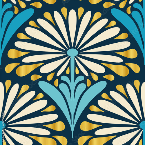 1920s art deco style flower beige dark blue gold