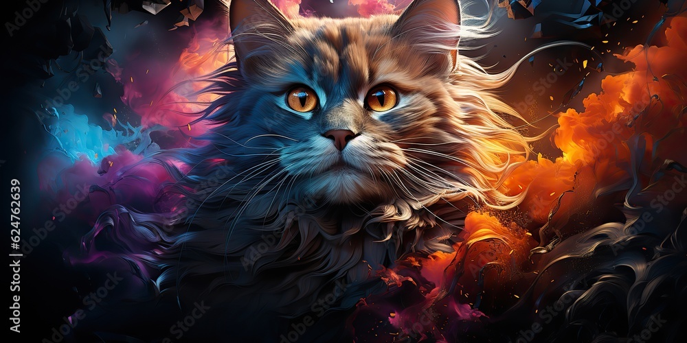 AI Generated. AI Generative. Cute beautiful cat animal pet vibrant colors with oil paint draw background. Cute lovely portrait face. Graphic Art