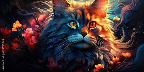 AI Generated. AI Generative. Cute beautiful cat animal pet vibrant colors with oil paint draw background. Cute lovely portrait face