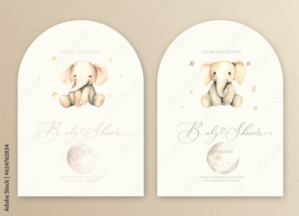 Photo Art Print Cute baby shower watercolor invitation card for baby and kids new born celebration with plush elephant toy and stars ku4erashka
