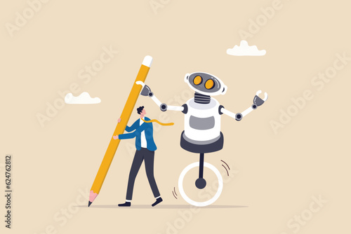 AI Artificial Intelligence work with human, robot or automation to help success, robot to replace human employment, job uncertainty concept, frustrated businessman working with pencil with AI robot.