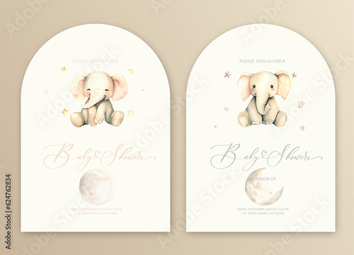 Cute baby shower watercolor invitation card for baby and kids new born celebration with plush elephant toy and stars.