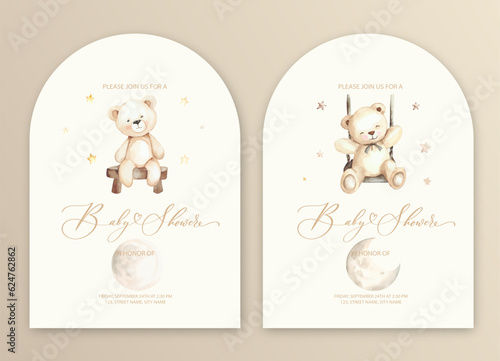 Cute baby shower watercolor invitation card for baby and kids new born celebration with plush teddy bear toy.
