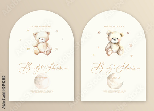 Cute baby shower watercolor invitation card for baby and kids new born celebration with plush teddy bear toy.