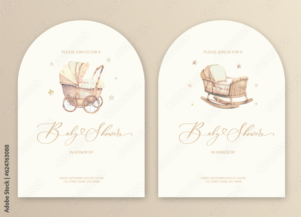 Cute baby shower watercolor invitation card for baby and kids new born celebration with baby carriage.