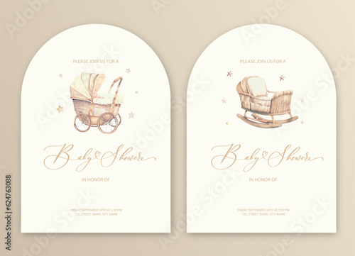 Cute baby shower watercolor invitation card for baby and kids new born celebration with baby carriage.