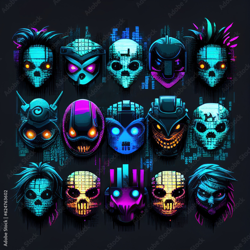 Cyberpunk neon digital artwork icons set. Interface navigation elements with glowing effect. Game design elements. Vector signs collection on nighttime background.