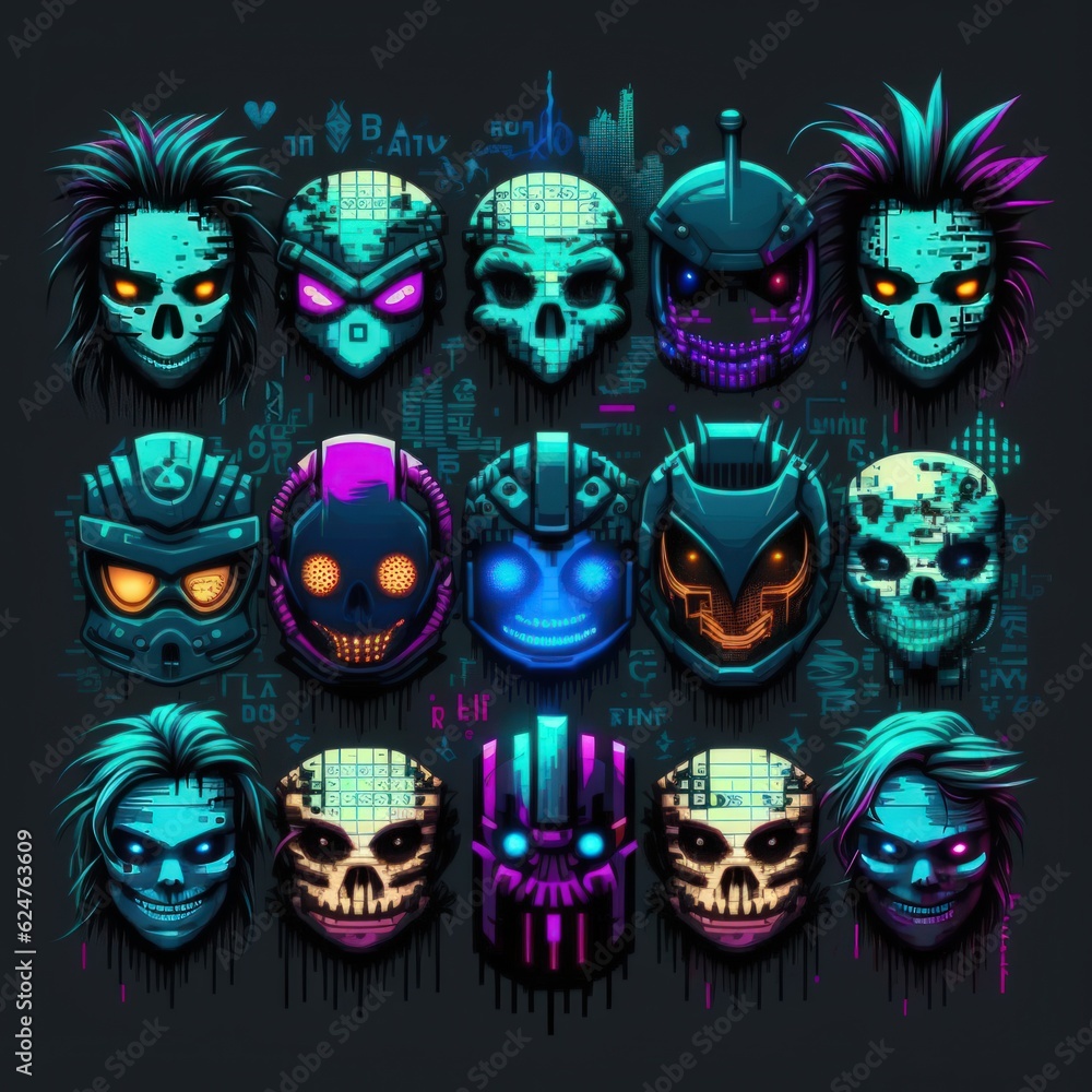 Cyberpunk neon digital artwork icons set. Interface navigation elements with glowing effect. Game design elements. Vector signs collection on nighttime background. Cyberpunk neon digital artwork icons set. Interface navigation elements with glowing effect. Game design elements. Vector signs collection on nighttime background.