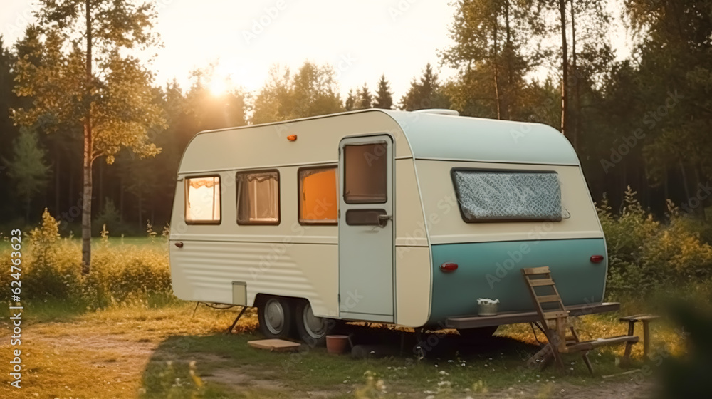 Small mobile house with open window and door, generative AI. Small mobile house with open window and door, generative AI.
