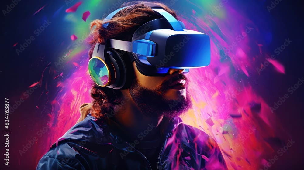 Person is wearing a virtual reality headset. Illustration AI Generative. Person is wearing a virtual reality headset. Illustration AI Generative.