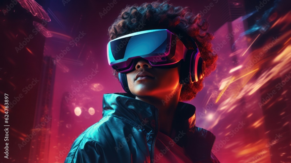 Person is wearing a virtual reality headset. Illustration AI Generative. Person is wearing a virtual reality headset. Illustration AI Generative.