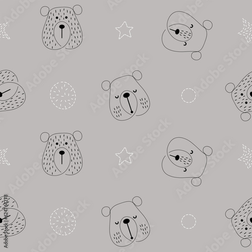 Continuous one art  seamless pattern with bear and stars on  dark background. Trendy bear, great design for any purposes.