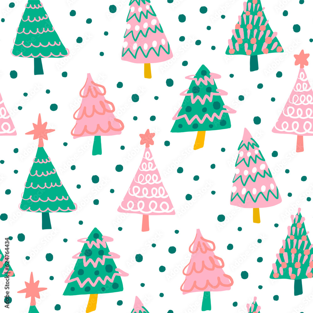Cute pink and green Christmas tree seamless pattern on white background. Holiday season winter forest fun repeat pattern. Hand drawn illustration. Cute pink and green Christmas tree seamless pattern on white background. Holiday season winter forest fun repeat pattern. Hand drawn illustration.