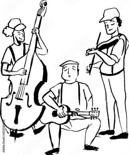 Group of musical instrument players ink illustration. Violist, guitarist, cellist sketches collection. Vector drawings isolated on white. Music theme.