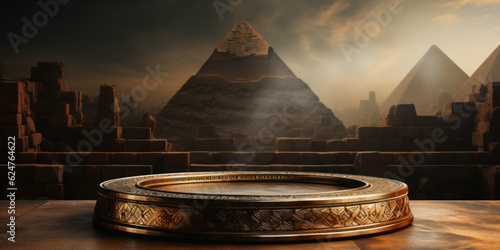 Fotografie, Obraz Ancient golden product display podium with pyramids background