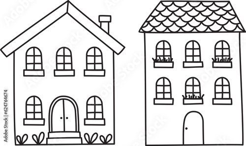 Set of two hand drawn little houses. A simple line vector illustration