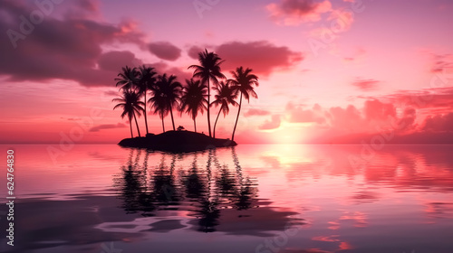 Pink sunset and silhouettes of palm trees  generative AI.