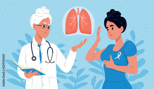 World Lung Cancer Day. Lung cancer symptoms, diagnosis and treatment. A family doctor is talking to a patient about lung cancer. White Ribbon Awareness, Human Lungs August 1st. An important day.