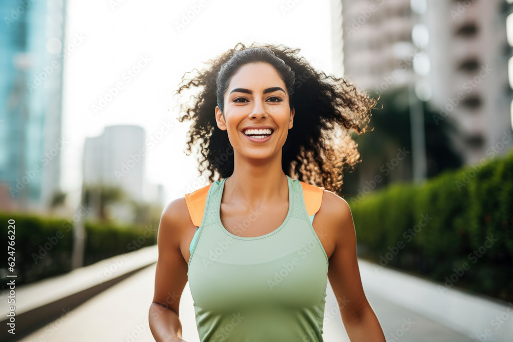 Vibrant Midlife Woman Exercising Outdoors: Beautiful Lady portrait people jogging with Freshness in Urban Park with Trees and Buildings with bright sun and nature light, healthy concept, gen ai