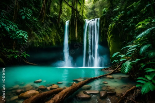 The Beautiful Rio Celeste Waterfall cascades gracefully against the backdrop of dense rainforest foliage.  Ai generated