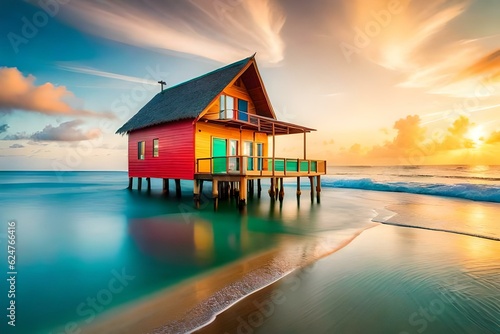colorful beach house on a vibrant tropical island
