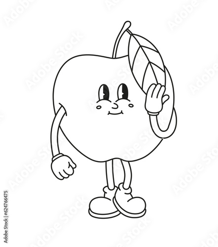 The hand-drawn retro character of a shy apple. Vector illustration in trendy retro cartoon style. Line art.
