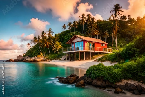 colorful beach house on a vibrant tropical island © Ahtesham