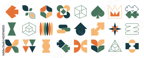 Set of abstract retro geometric shapes vector. Collection of contemporary figure, arrow, sparkle, line in 70s groovy style. Bauhaus Memphis design element perfect for banner, print, stickers, decor.