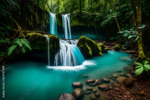 The Beautiful Rio Celeste Waterfall cascades gracefully against the backdrop of dense rainforest foliage.  Ai generated
