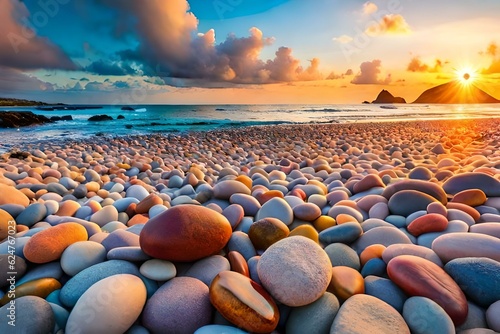 Trendy colorful small sea stone pebble background. Multicolored abstract beach nature pattern