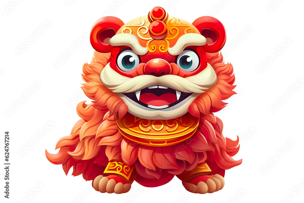 Obraz premium cute Chinese new year lion dancing,white isolated background,cartoon style PNG