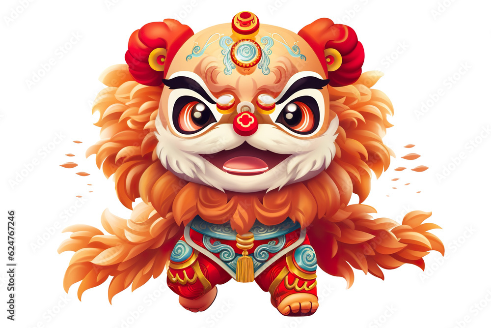 Fototapeta premium cute Chinese new year lion dancing,white isolated background,cartoon style PNG