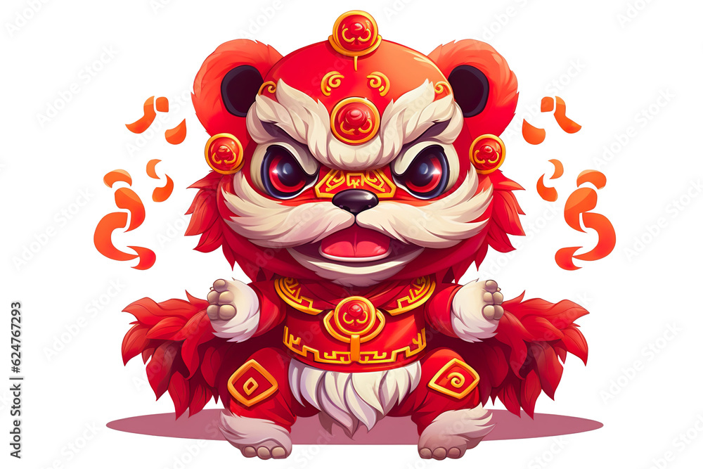 Fototapeta premium cute Chinese new year lion dancing,white isolated background,cartoon style PNG