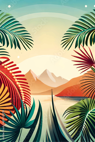 Background with palm leaves and landscape