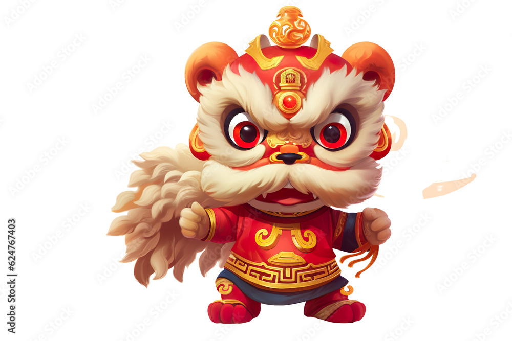 Fototapeta premium cute Chinese new year lion dancing,white isolated background,cartoon style PNG
