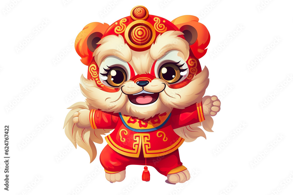 Fototapeta premium cute Chinese new year lion dancing,white isolated background,cartoon style PNG