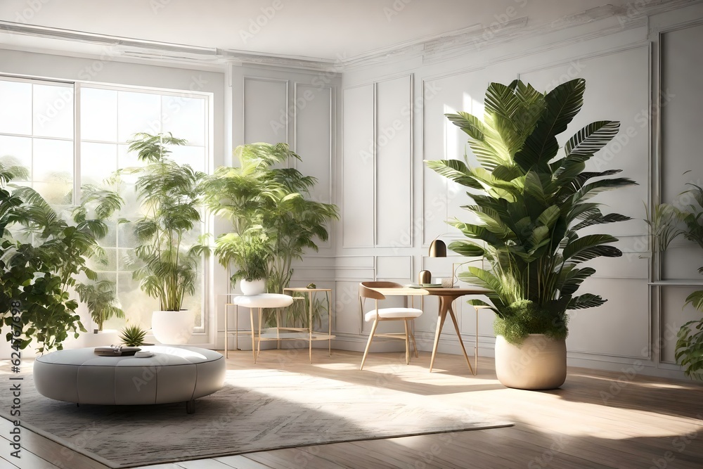 Immerse yourself in the tranquil ambiance of a 3D empty interior with a home plant, a haven of serenity and balance.Ai generated Immerse yourself in the tranquil ambiance of a 3D empty interior with a home plant, a haven of serenity and balance.Ai generated