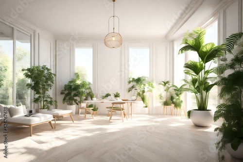 Immerse yourself in the tranquil ambiance of a 3D empty interior with a home plant, a haven of serenity and balance.Ai generated