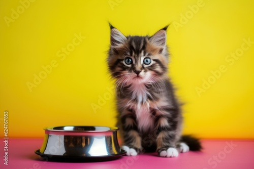 one kitten on a yellow plain background