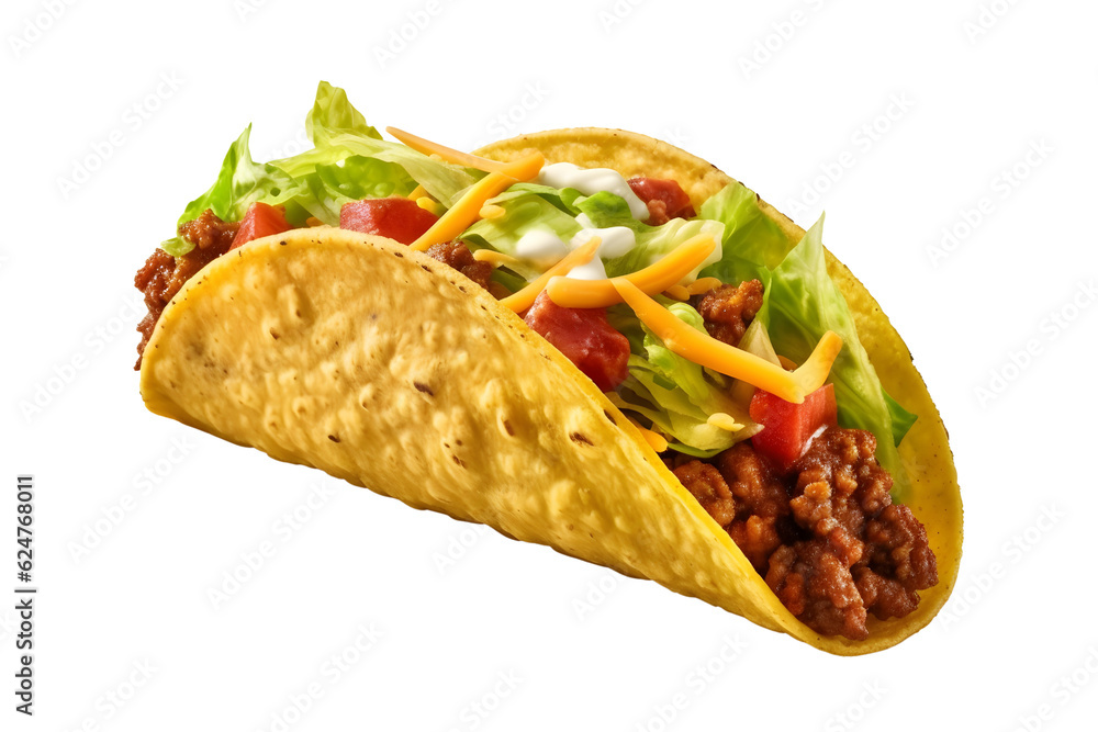 Soft corn tortillas filled with seasoned ground beef, lettuce, cheese, salsa, and guacamole. A tasty and handheld option. on white background - Generative AI Soft corn tortillas filled with seasoned ground beef, lettuce, cheese, salsa, and guacamole. A tasty and handheld option. on white background - Generative AI